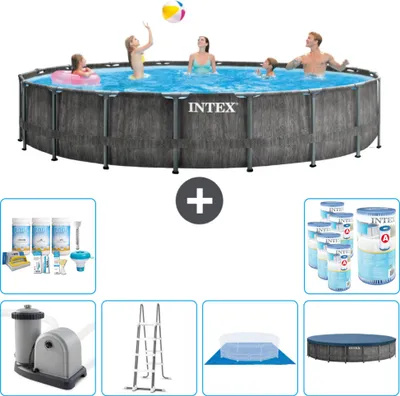 Produktbild von Intex Round Prism Frame Greywood-Schwimmbecken – 549 x 122 cm – inklusive Pumpe – Leiter – Bodenplane – Abdeckung Wartungspaket - Filter