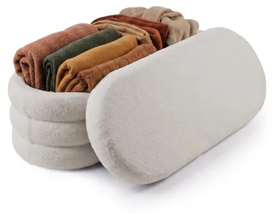 Obrázek produktu pro Lavička Relaxdays, plyšová látka, úložný prostor, čalouněná, předsíň, ložnice, rozměry: 42 x 110 x 45 cm, bouclé truhla na sezení, krémová