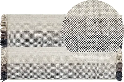 Produktbild von BELIANI Teppich Cremeweiß Wolle 80 x 150 cm Rechteckig Handgewebt Streifenmuster Schwarz / Braun Kurzflor Läufer mit Fransen Boho Wohnzimmer Flur