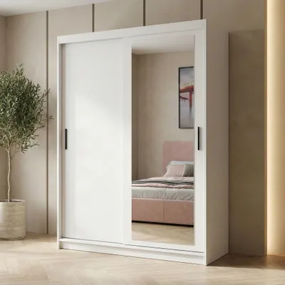 Image de BEAUTYSOFA | Armoire HELA 120 cm blanche – Armoire moderne avec miroir et portes coulissantes, design minimaliste
