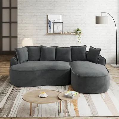Produktbild von MODFU Schlafsofa mit rechter Chaiselongue,L-förmiges Zweisitzer Sofa mit Armlehnen & Kissen,Loungesofa mit Rahmenlose,Chenille,Grau