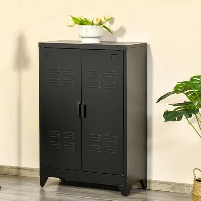Produktbild von SUGIFT Aktenschrank Mehrzweckschrank, Metallschrank Schwarz mit Lamellen-Doppeltür