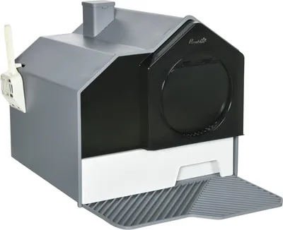 Productafbeelding van Kattenbak met bodemplaat, schep, filter, geschikt voor katten tot 8 kg, wit en grijs, afmetingen 47x45x42 cm