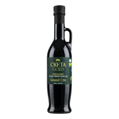 Creta Gold Grand Cru Bio Olivenöl 500 ml Glasflasche mit Griff auf weißem Grund