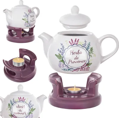 Zdjęcie produktu dla KADAX imbryk 1 l z podgrzewaczem, porcelanowy imbryk z pokrywką, uchwytem i podgrzewaczem, imbryk z podgrzewaczem do herbaty, zestaw do herbaty (fioletowy/biały)