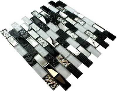 Produktbild von schwarz-weißes Glasmosaik „VOLCANO BRICK“, glänzende Mosaikfliese,