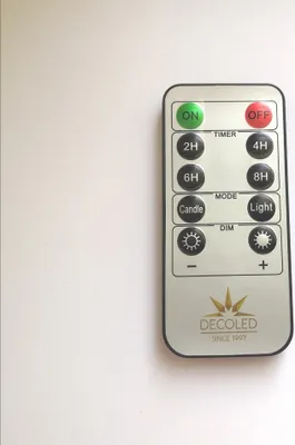 A remote control for LED candles is shown against a white background.