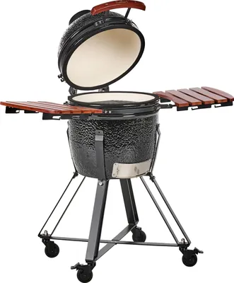 Produktbild von BELIANI Holzkohlegrill Schwarz aus Keramik Kamado Stil auf Rollen mit Deckel Thermometer Grillrost Outdoor BBQ Gartenzubehör Standgrill