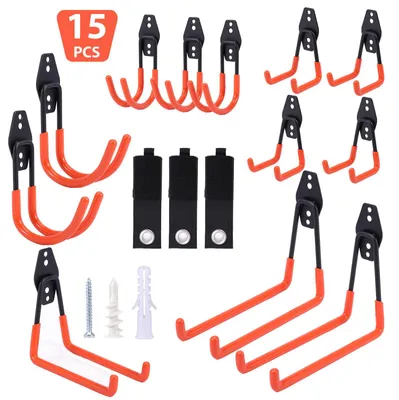 Imagen del producto de Juego de ganchos para garaje, de 15 piezas, que incluye 12 ganchos y 3 soportes, fabricados en acero aleado, para montaje en pared, ideal para talleres