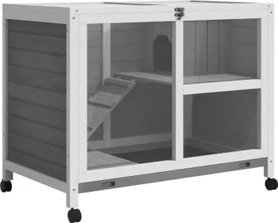 Image de PawHut Cage à lapin clapier sur roulettes petit enclos animaux en bois massif 2 étages toit ouvrant plates-formes 91,5 x 53,3 x 73 cm gris