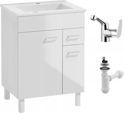 Obrázek produktu pro Koupelnová skříňka s umyvadlem stojící 60 cm bílá lesklá chromová baterie boční