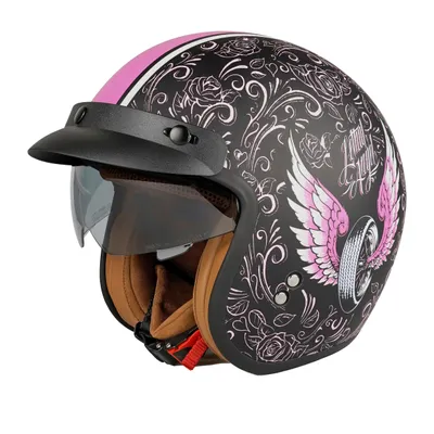 Produktbild von Jethelm Helm Motorradhelm Mofahelm Rollerhelm Halbschalenhelm mit ausklappbaren Visier und Sonnenblende Sturzhelm Damen, Rosa, XL(60CM)