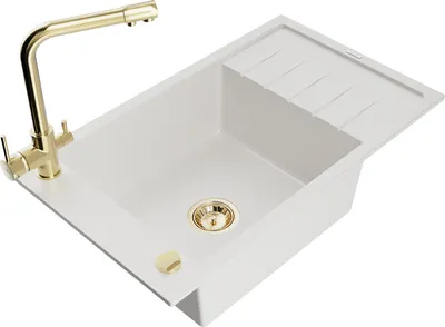 Produktbild von Mexen Elias 1 Becken-Granitspüle mit Abtropffläche und Mischbatterie Duero, Weiß - 6511-20-671600-50