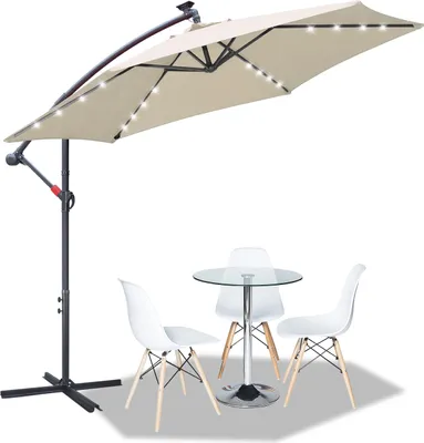 Obrázek produktu pro Slunečník s LED osvětlením, slunečník s bočním stojanem 300 cm, zahradní slunečník, altán – béžový