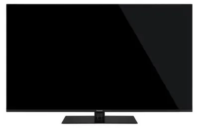 A black flat-screen television with a black stand is shown from the front.
