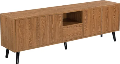 A long, low cabinet with a wood-grain finish and black legs, shown against a white background.