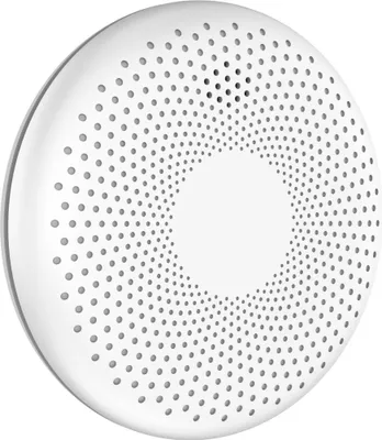 A white, circular smoke and carbon monoxide detector with a patterned surface of small holes.