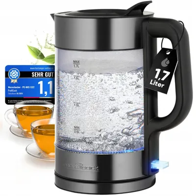 Zdjęcie produktu dla ProfiCook PC-WKS 1322 G, 1,7 l, 2200 W, Srebrny, Czarny, Przezroczysty, Szkło, Stal nierdzewna, Wskaźnik poziomu wody, Zabezpieczenie przed przegrzaniem