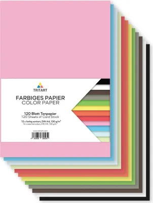 Produktbild von Tritart - Buntpapier A4 130g /m² I 120 Blatt festes Bastelpapier voll durchgefärbt I stabiler kreativ Tonkarton zum Basteln I Fotokarton 12 Farben I DIY buntes Tonpapier Bastelkarton