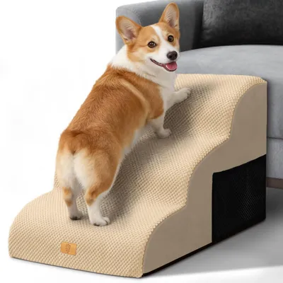 Produktbild von Hundetreppe 3 Stufen Schaumstoff Beige für kleine Hunde Katzen
