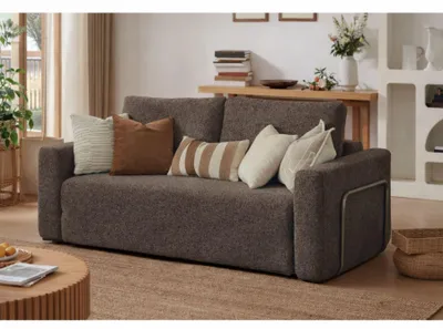 Imagen del producto de Hanah Home, sofá cama de 2 plazas, fabricado con tela de boucle 100%, color marrón, plegable en un paquete compacto, código para padres