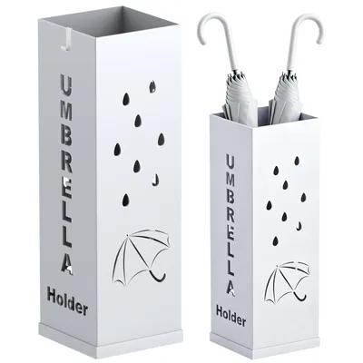 Produktbild von Regenschirmständer Metall 16 x 16 x 49 cm, quadratischer Schirmständer mit Schirmhaken und rutschfesten Fußpads, freistehend für Flur und Büro, Weiß