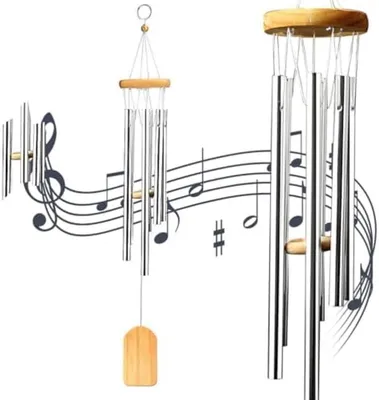 Produktbild von PolkaHome® Windspiel Klangspiel – 65 cm Holz-Windspiel mit 6 Aluminiumrohren, Braun, für Garten & Terrasse