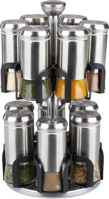 Produktbild von Relaxdays Gewürzkarussell, 12 Gewürzgläser, Edelstahl & Glas, drehbar, Gewürzregal spülmaschinengeeignet, silber/schwarz