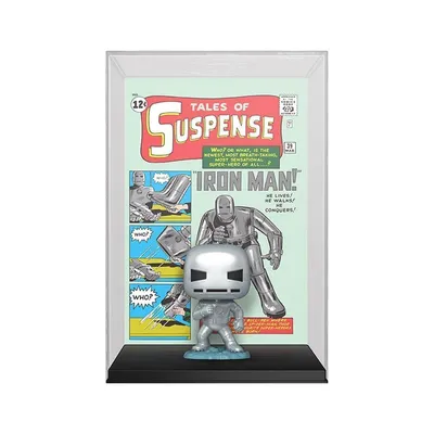 A Funko Pop! figure of Iron Man in its comic cover display case.