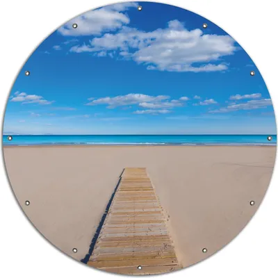 Produktbild von Wallario rundes Outdoor-Poster für Garten oder Balkon, Motiv Auf dem Holzweg zum blauen Meer, 120 cm Durchmesser