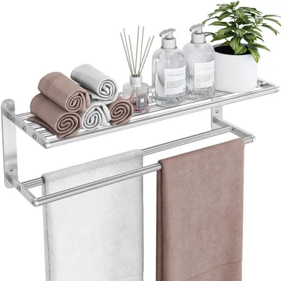 Productafbeelding van Handdoekhouder voor de badkamer – 61 cm badhanddoekrek met dubbele handdoekstang, roestvrijstalen handdoekopslag voor het toilet, wandmontage, 2-laags handdoekhouder, geborsteld nikkel