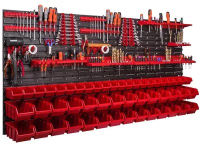 Produktbild von Werkzeugwand mit Stapelboxen und Halteschienen für Garage und Werkstatt