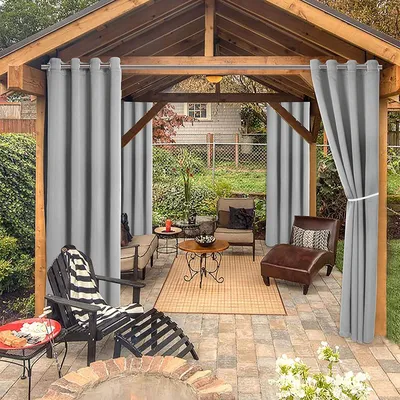 Image de 8 rideaux d'extérieur Rideaux d'extérieur 132x238cm(L x H) Opaque Imperméable à l'eau et au vent Protection contre les UV (52*94in, gris clair)