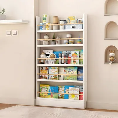 Image de Étagère bibliothèque pour chambre d'enfant, dimensions 90x10x145 cm, 5 étagères, blanche, avec système anti-basculement