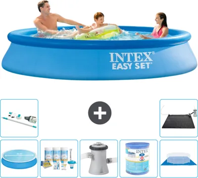 Produktbild von Intex runder aufblasbarer Easy Set-Pool – 305 x 61 cm – Blau – im Lieferumfang enthalten Sonnensegel - Wartungspaket - Filterpumpe für Schwimmbad - Filter - Bodenplane - Staubsauger