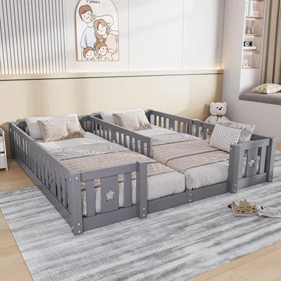 Immagine prodotto di Lettino doppio con sponde, in legno massello, motivo a stelle, grigio, 2x90x200 cm (senza rete a doghe)