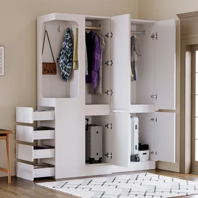 Image de Armoire Merax avec tiroirs et penderie, meuble de rangement avec étagères, espace ouvert pour les vêtements sur le côté gauche, chambre à coucher, couloir, blanc