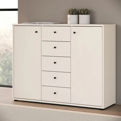 Produktbild von Forte TEMPRA 2 Kommode 100 110, moderne Kommode 2-türig, 5 Schubladen, Schlafzimmer, Wohnzimmer, Büro, Holzwerkstoff, Kaschmir|Beige, 108,8 cm breit x 85,5 cm hoch x 34,8 cm tief