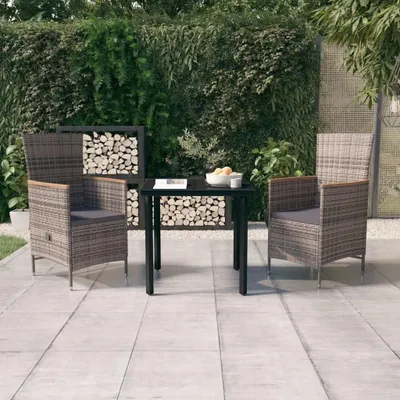 Produktbild von 3-teiliges Garten-Essset mit grauen Kissen, Balkonmöbel-Set für Terrasse und Garten mit Outdoor-Sesseln und Balkontisch