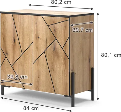 A product shot of a wooden cabinet with dimensions indicated by measurement lines and text.