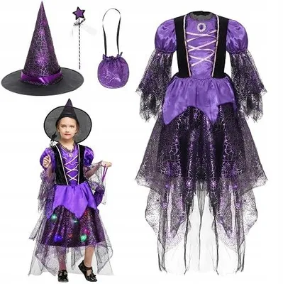 Zdjęcie produktu dla Kostium czarownicy dla dziewczynek fioletowy zestaw na halloween karnawał