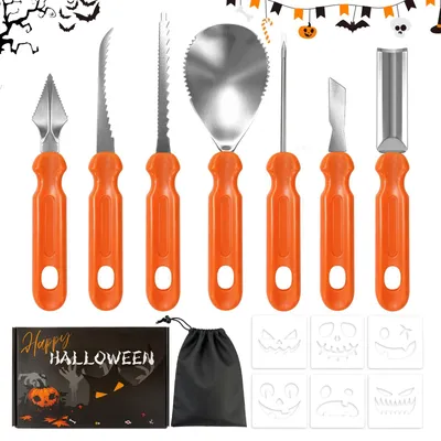 Produktbild von Edelstahl Kürbis Schnitzset - 7-teilig mit Vorlagen - für Halloween Dekoration