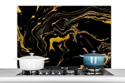 Produktbild von KitchenYeah®  Spritzschutz Küche - Küchenrückwand - Wandschutz für Herd und Spüle - Muster - Gold - Schwarz 100x65 - Alu-Dibond (Alternative zum Spritzschutz aus Glas) - Hitzebeständig - Herdspritzsch