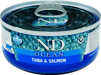 Produktbild von N&D Ocean Nassfutter für Katze Thunfisch mit Lachs 70 gr. - Pro 24 Stück