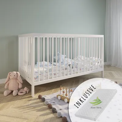Produktbild von Kids Collective Babybett Kinderbett Gitterbett 60x120 und 70x140 cm mit Matratze höhenverstellbarer Lattenrost & herausnehmbare Sprossen stabiles Buchenholz | ab Geburt bis 3. Lebensjahr | weiß