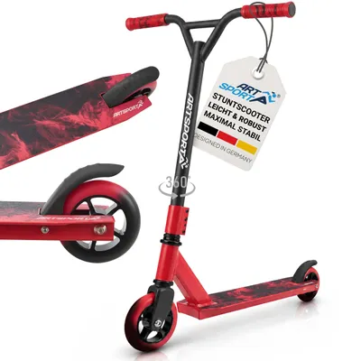 Produktbild von ArtSport Stunt Scooter Red Smoke - Trick Roller für Kinder & Jugendliche - 360° Lenker, 100 mm Alu Räder - Tretroller Rot Schwarz