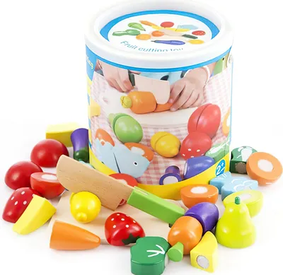Produktbild von 13 Teiliges Holz Obst Gemüse Pädagogisches Küchenspielzeug Holzobst Holzgemüse Für Kleinkinder Schneideset Rollenspiele Im Eimer