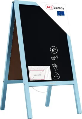 Immagine prodotto di Lavagna per gesso con cavalletto azzurro pastello bifacciale 118x61 cm