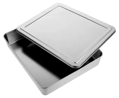 Produktbild von Eckige Backform aus Edelstahl mit Deckel 33x28x6 cm für Desserts und Gebäck