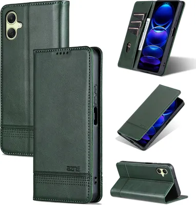 A collage of images showing a green leather phone case from different angles, including its open and closed states, and a close-up of its texture.